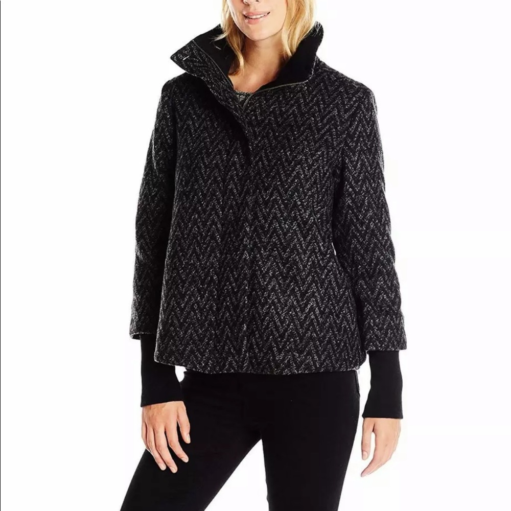 prAna Wool Blend Funnel Neck Swing Lily Coat in Black Gray Zig Zag